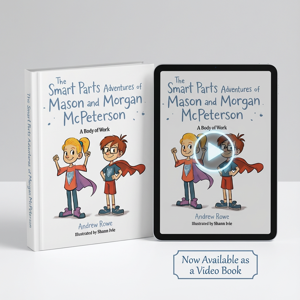 Book and tablet displaying 'The Smart Parts Adventures of Mason and Morgan McPeterson' with characters on a white background.