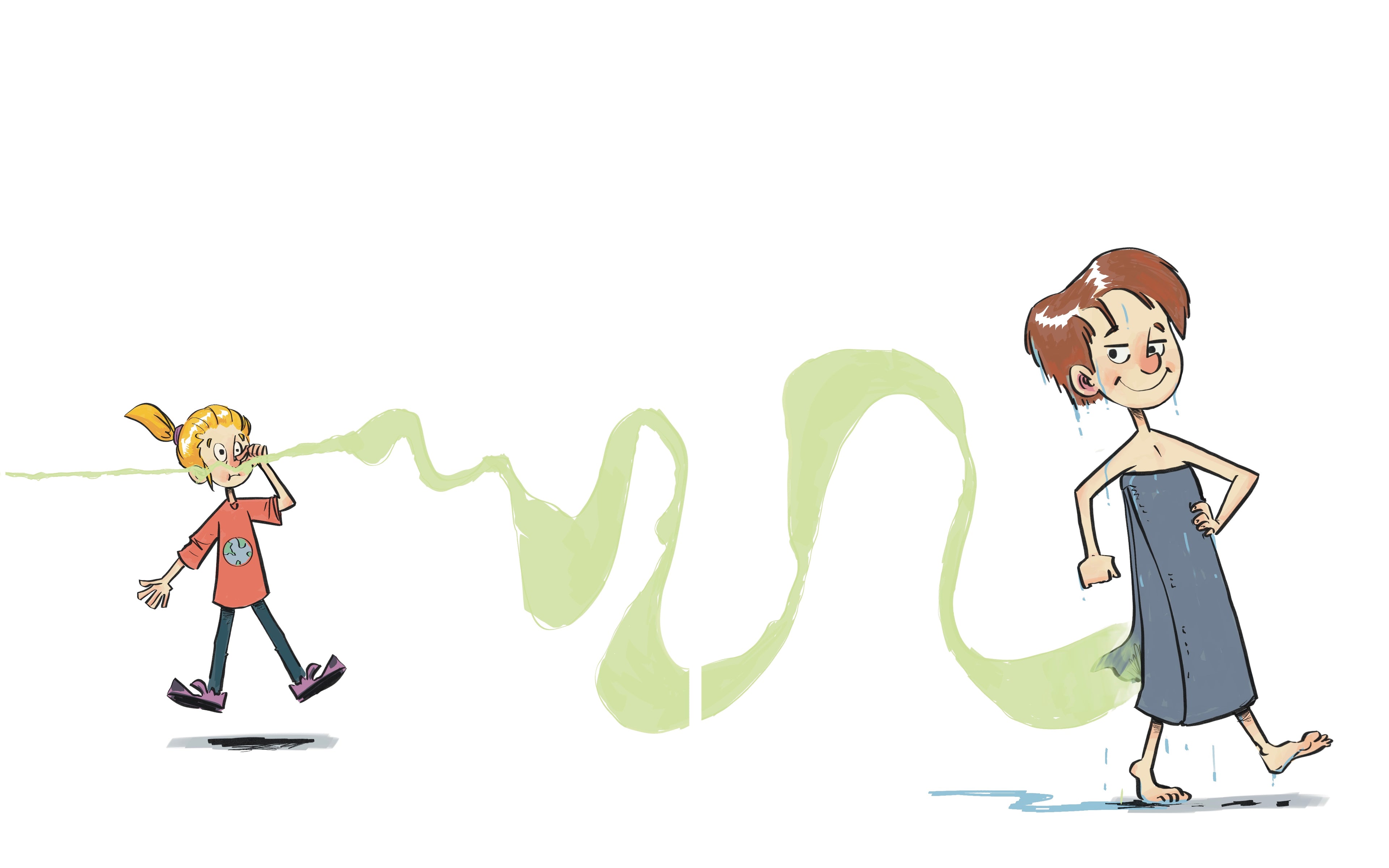 Cartoon illustration of two children with a green string between them on a white background