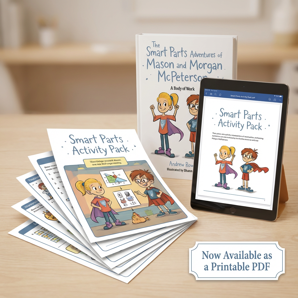 Educational materials including books and a tablet displaying 'Smart Parts Activity Pack' on a wooden surface.