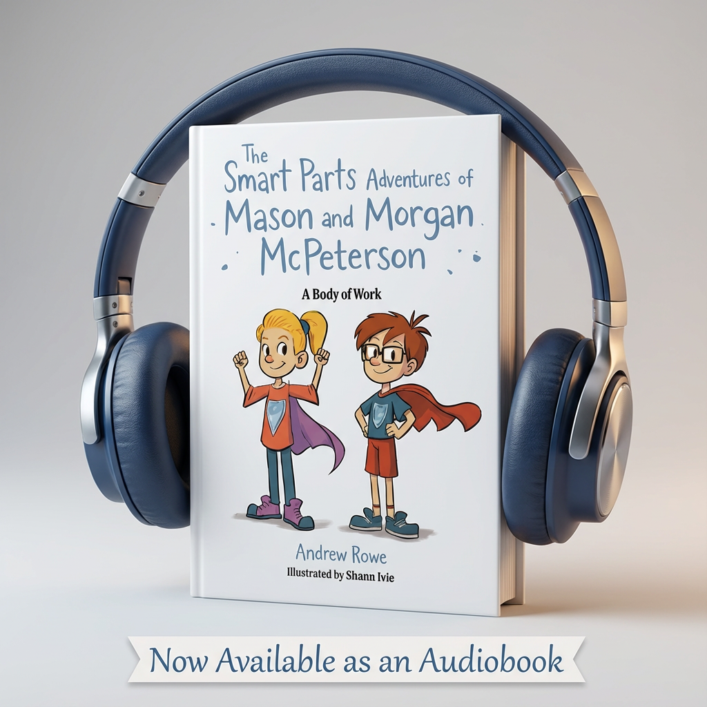 Book titled 'The Smart Parts Adventures of Mason and Morgan McPeterson' with headphones on a light gray background