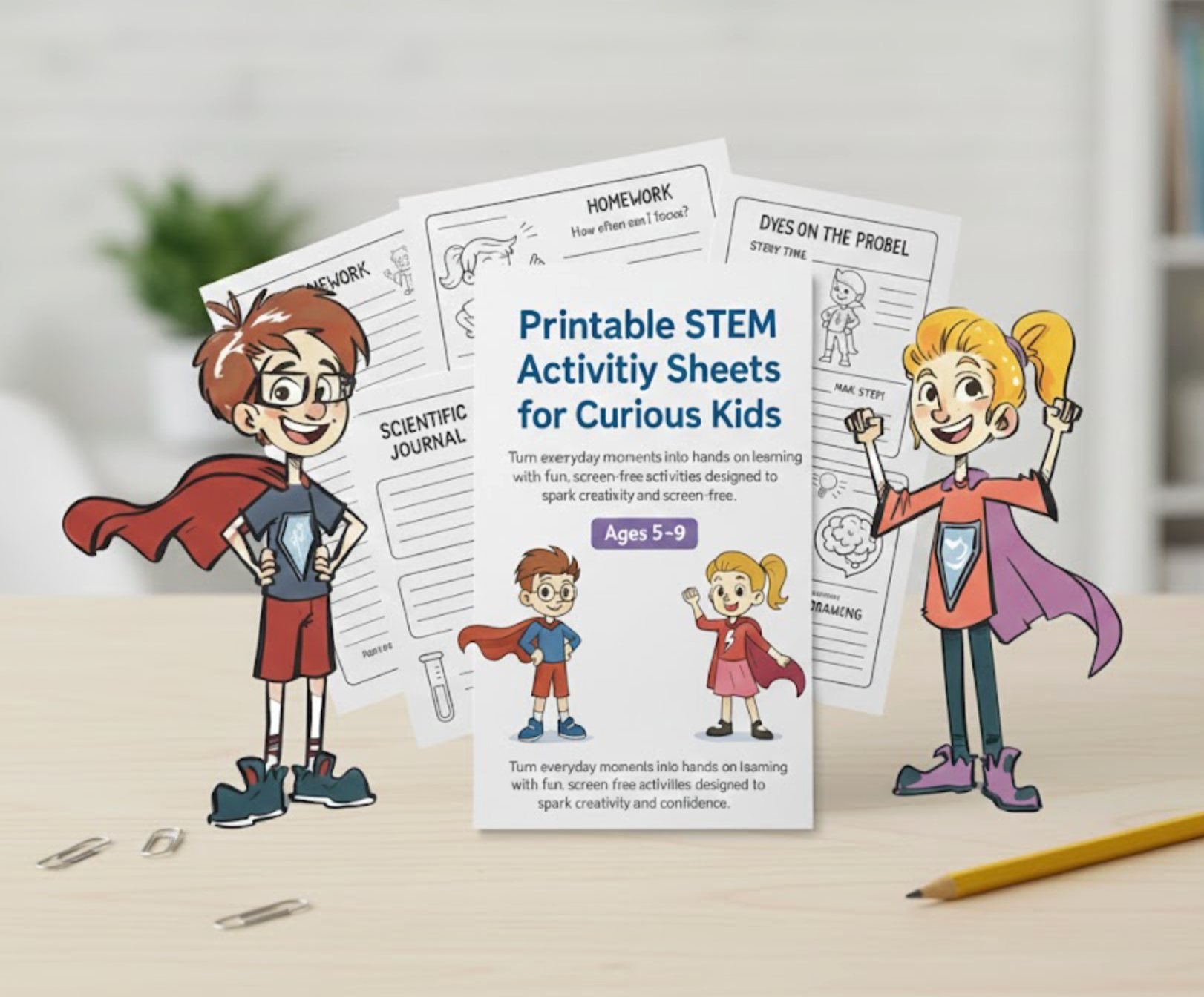 Printable STEM activity sheets for curious kids on a table with superhero-themed characters.