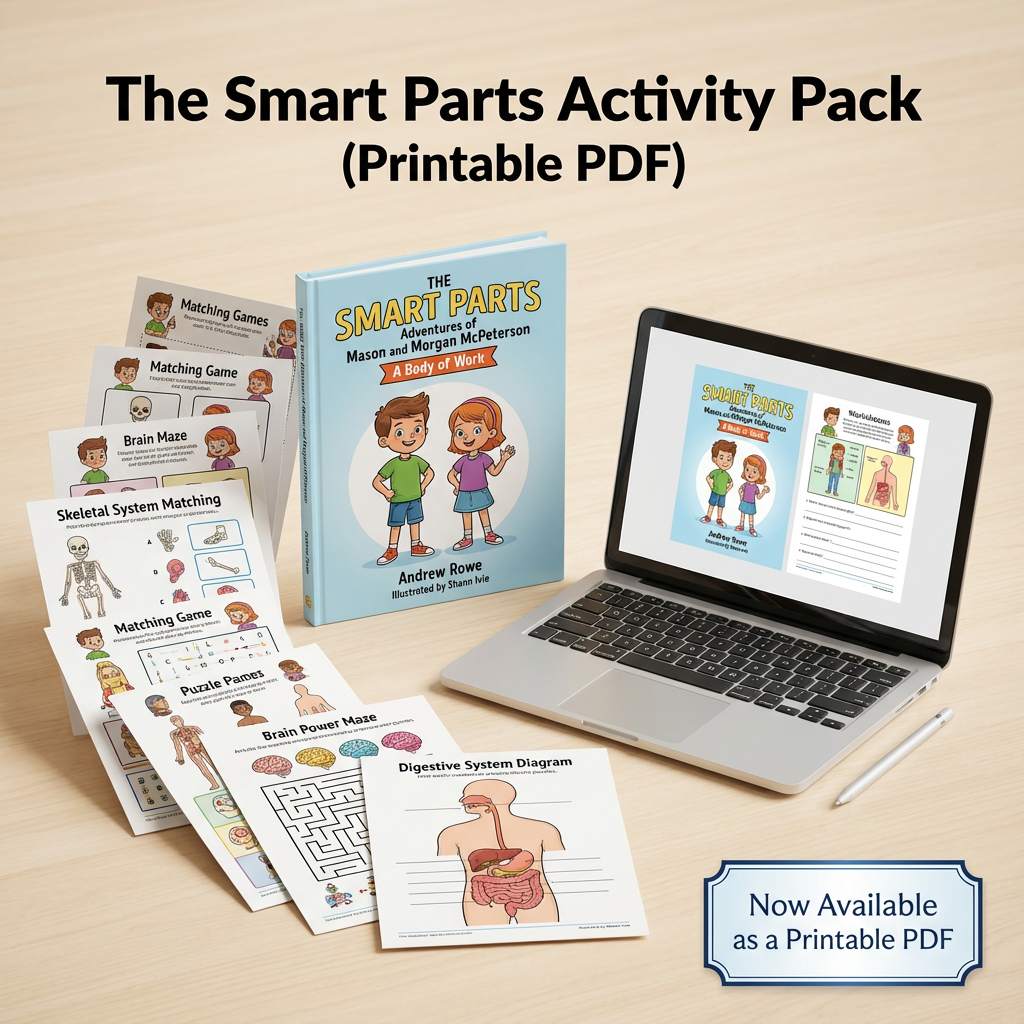 Smart Parts Activity Pack with book, worksheets, and laptop displaying digital version on beige background