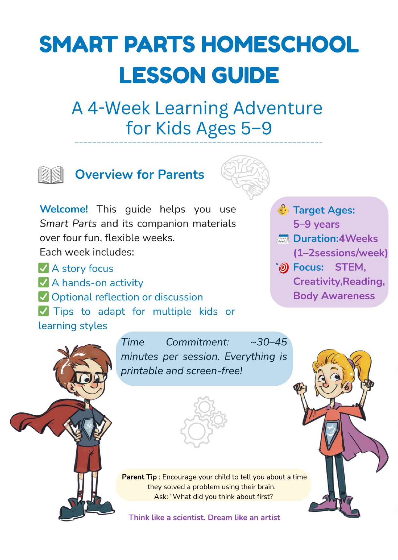 Smart Parts Homeschool Lesson Guide for kids ages 5-9 with cartoon characters and text.